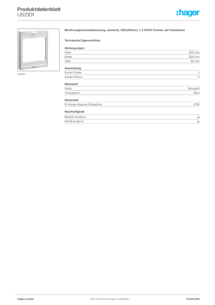 Hager Produktdatenblatt US21D1