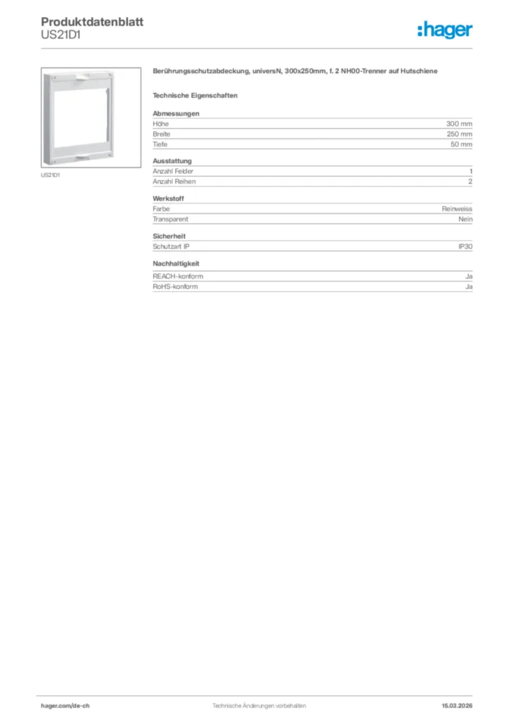 Bild Hager Produktdatenblatt US21D1 | Hager Schweiz