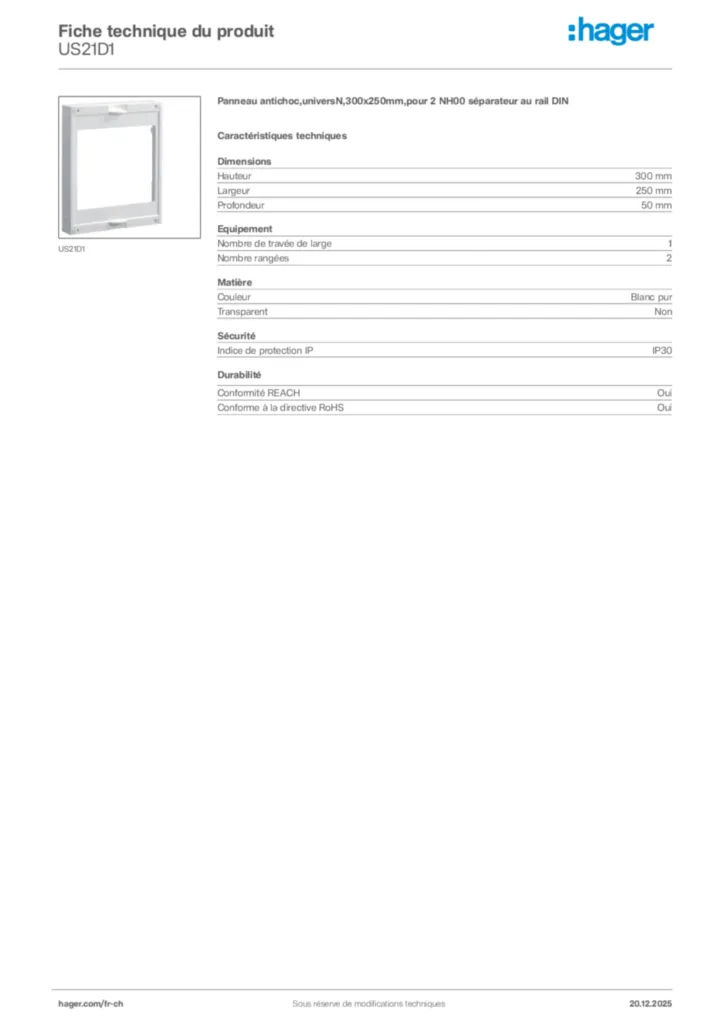 Image Hager Fiche technique du produit US21D1 | Hager Suisse
