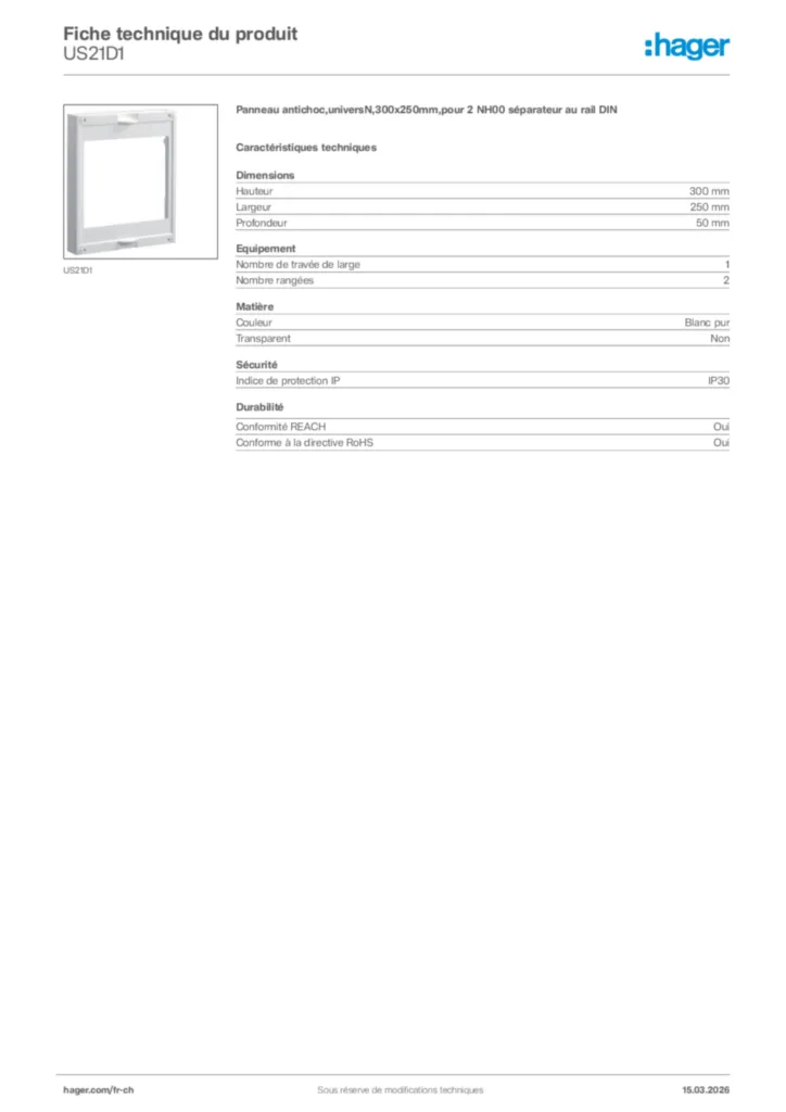 Image Hager Fiche technique du produit US21D1 | Hager Suisse