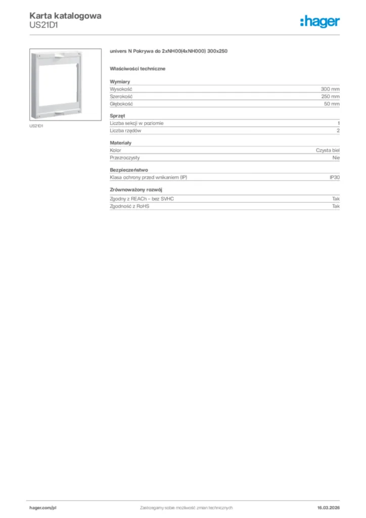 Zdjęcie Hager Karta katalogowa US21D1 | Hager Polska