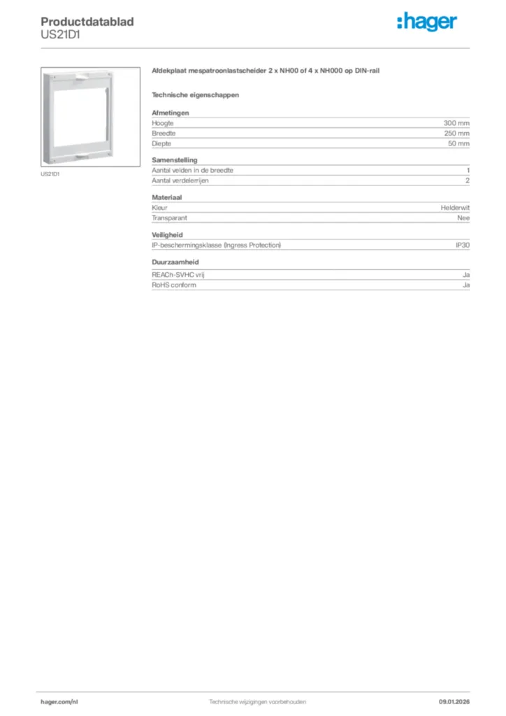 Afbeelding Hager Productdatablad US21D1 | Hager Nederland