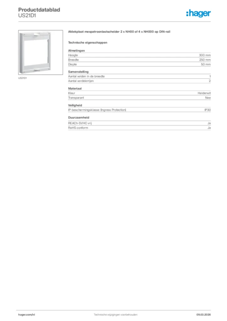 Afbeelding Hager Productdatablad US21D1 | Hager Nederland