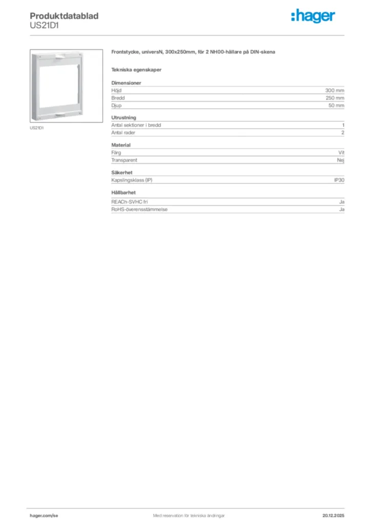 Bild Hager Produktdatablad US21D1 | Hager Sverige