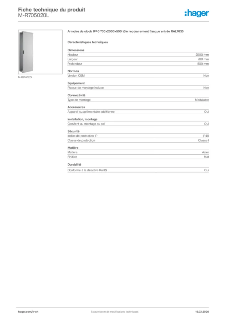 Image Hager Fiche technique du produit M-R705020L | Hager Suisse