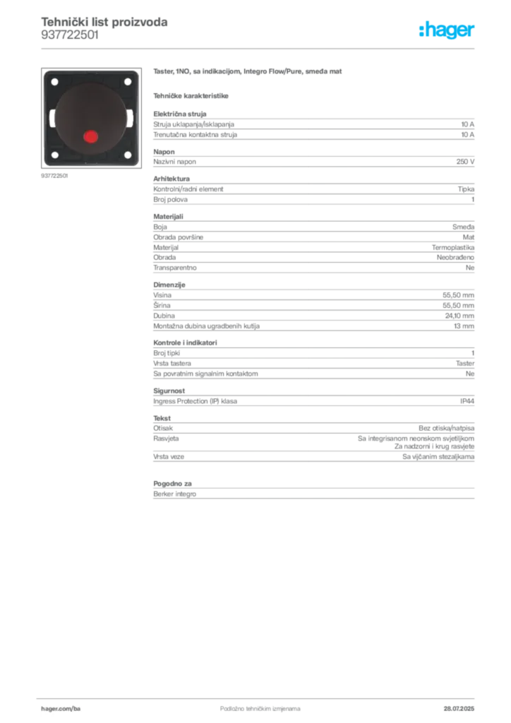 Slika Hager Product data sheet 937722501  | Hager