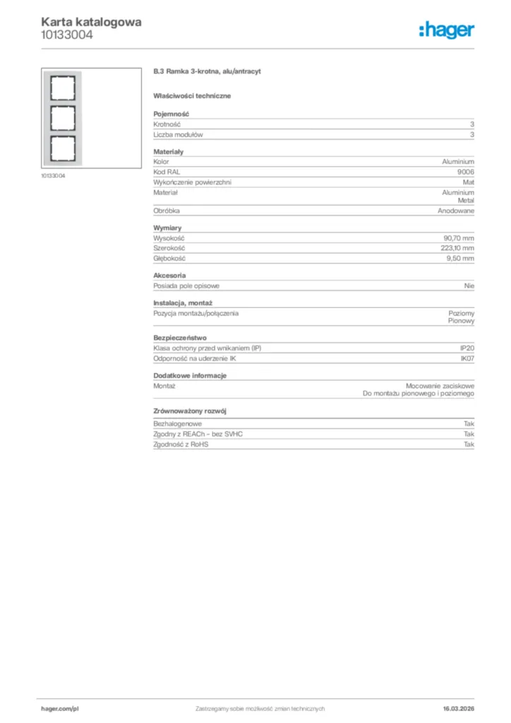 Zdjęcie Hager Karta katalogowa 10133004 | Hager Polska
