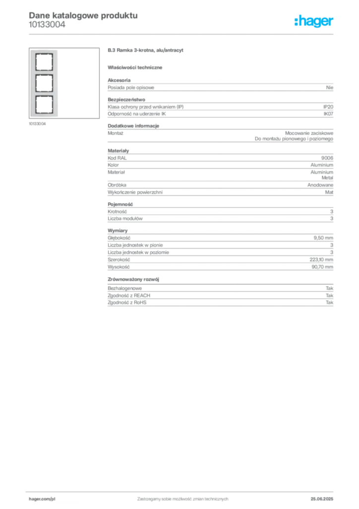 Zdjęcie Hager Karta katalogowa 10133004 | Hager Polska