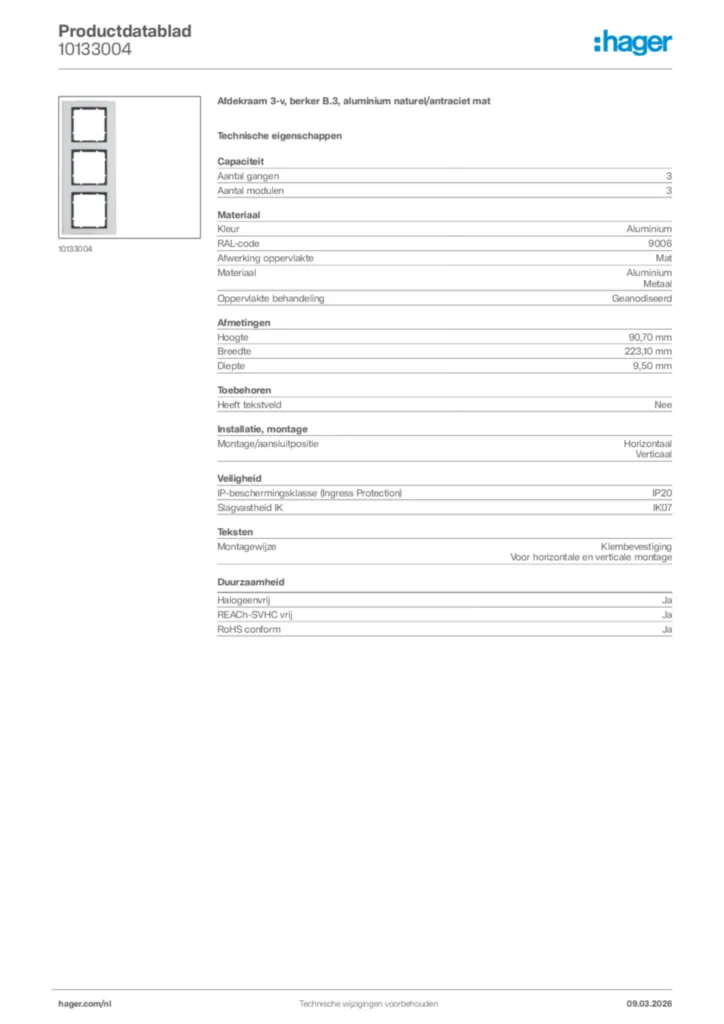 Afbeelding Hager Productdatablad 10133004 | Hager Nederland