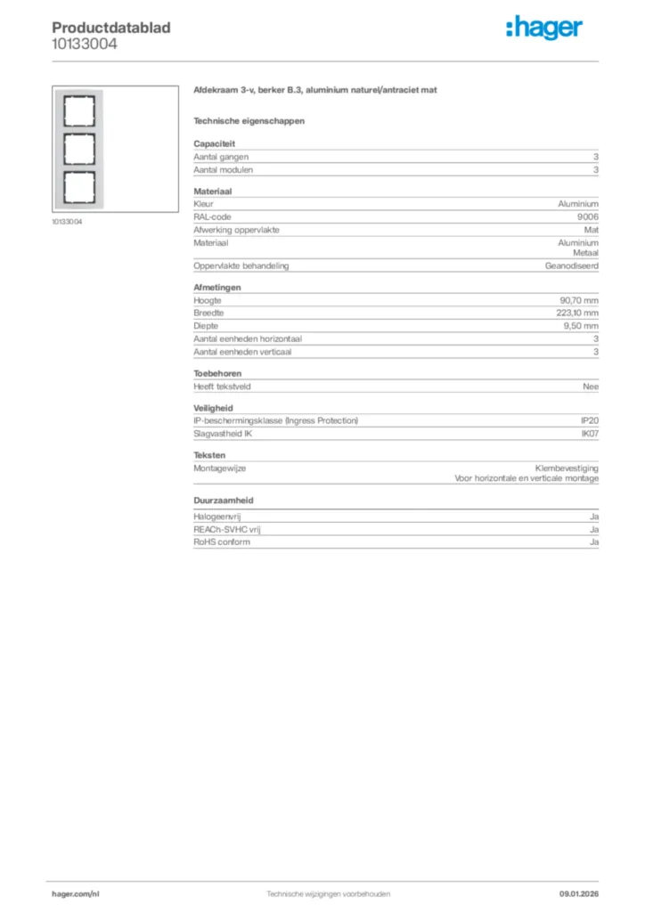 Afbeelding Hager Productdatablad 10133004 | Hager Nederland