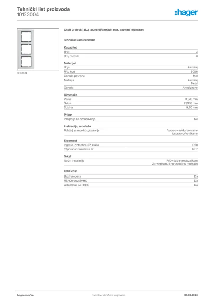 Slika Hager Tehnički list proizvoda 10133004  | Hager