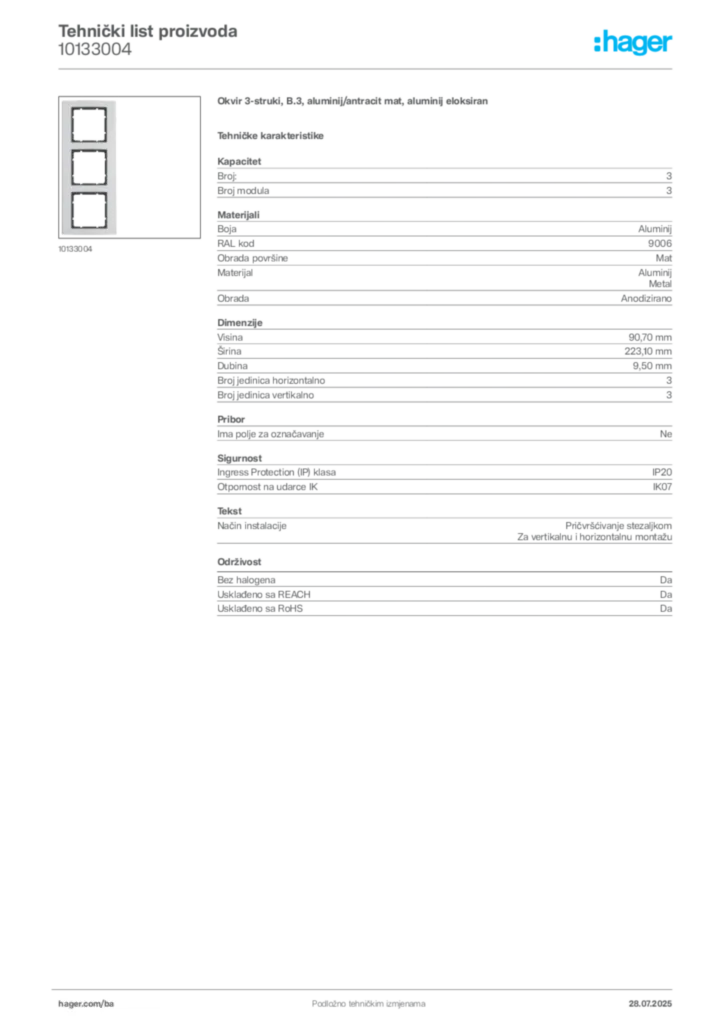 Slika Hager Product data sheet 10133004  | Hager