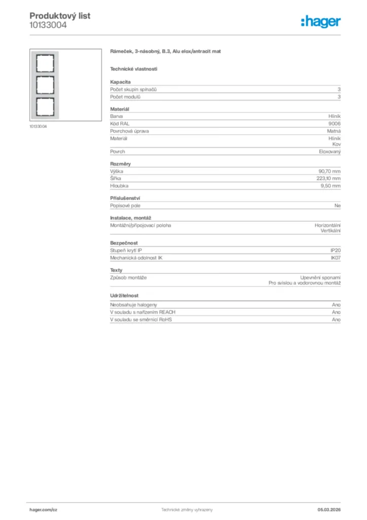Obrázek Hager Product data sheet 10133004 | Hager