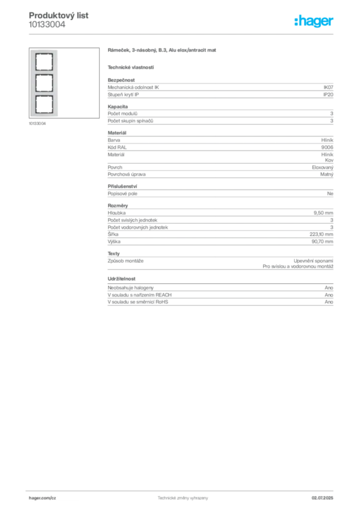 Obrázek Hager Produktový list 10133004 | Hager