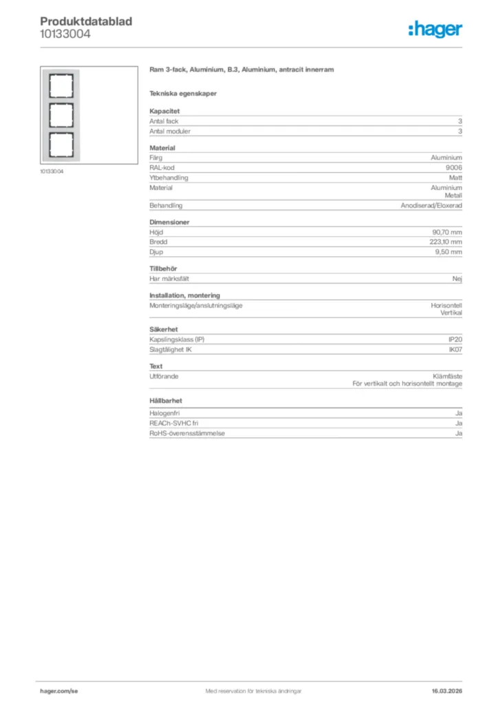 Bild Hager Produktdatablad 10133004 | Hager Sverige