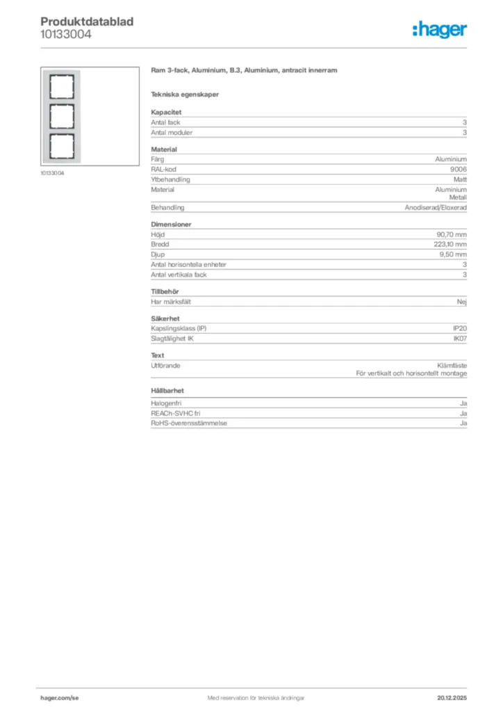 Bild Hager Produktdatablad 10133004 | Hager Sverige