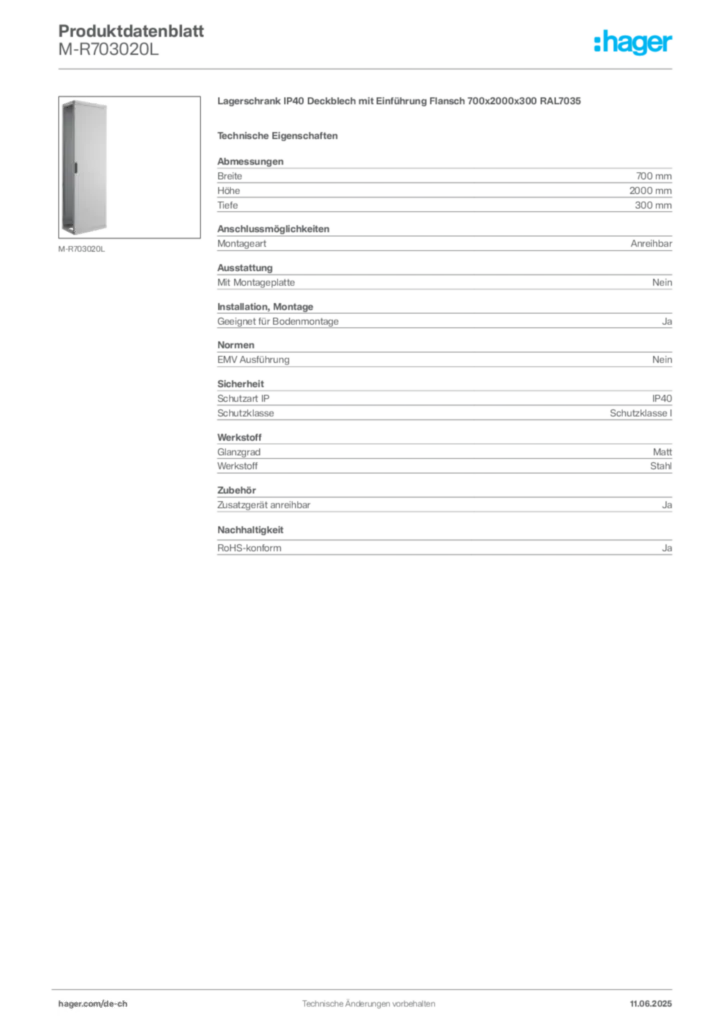 Bild Hager Produktdatenblatt M-R703020L | Hager Schweiz