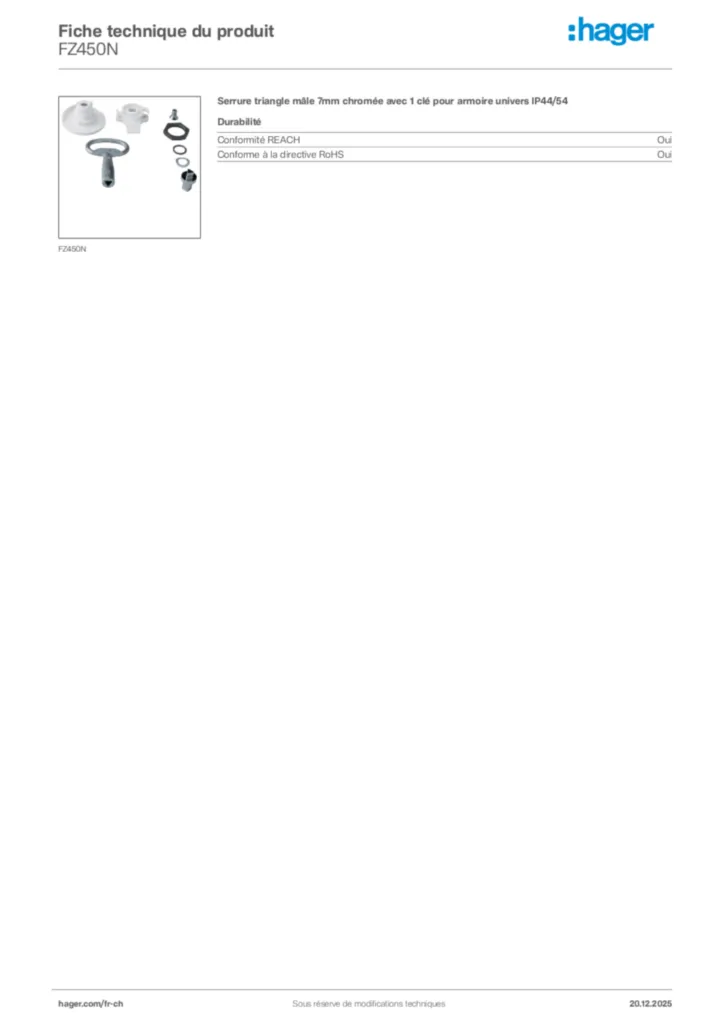 Image Hager Fiche technique du produit FZ450N | Hager Suisse