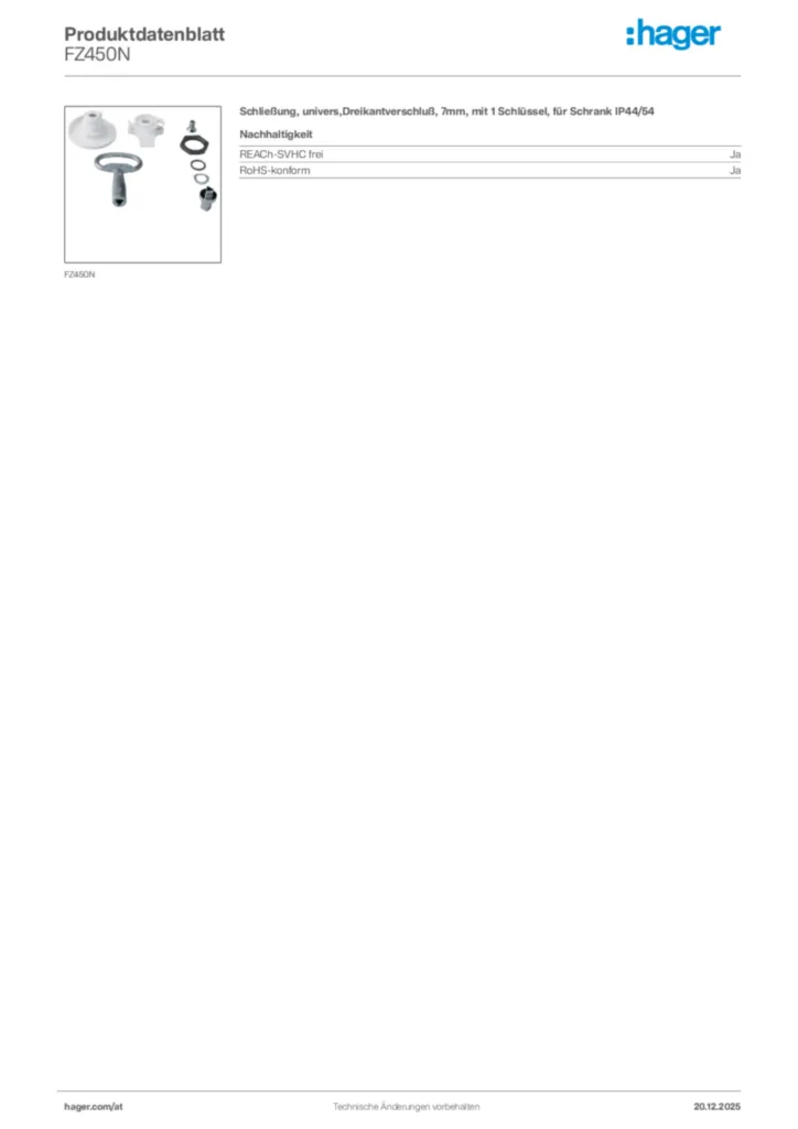 Bild Hager Produktdatenblatt FZ450N | Hager Deutschland