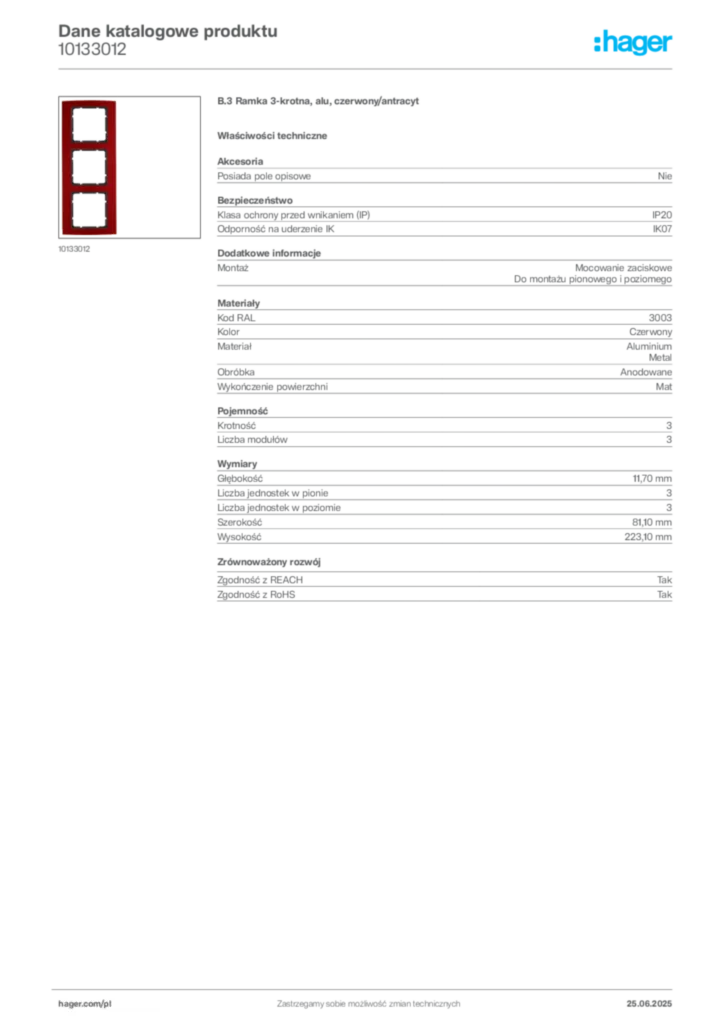Zdjęcie Hager Karta katalogowa 10133012 | Hager Polska