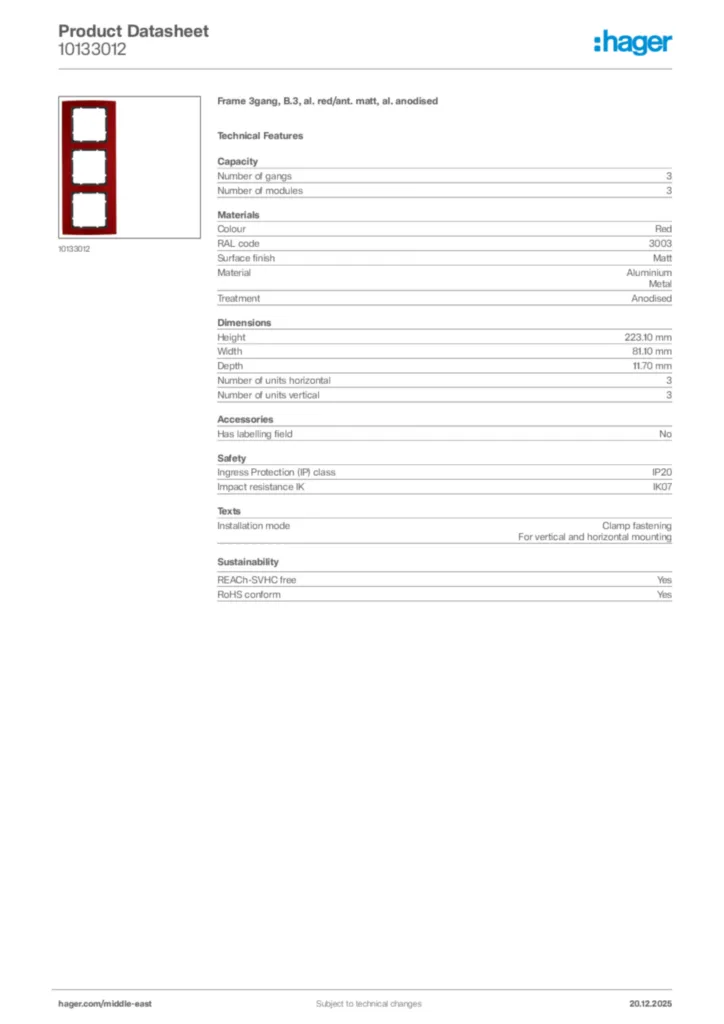 Image Hager Product data sheet 10133012  | Hager