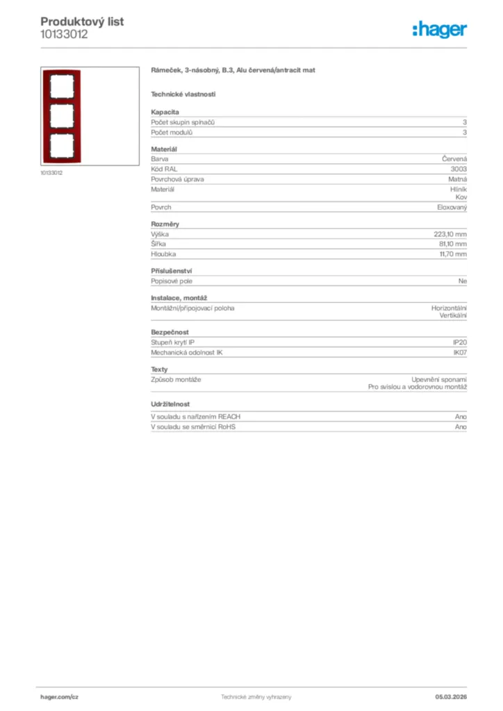 Obrázek Hager Product data sheet 10133012 | Hager