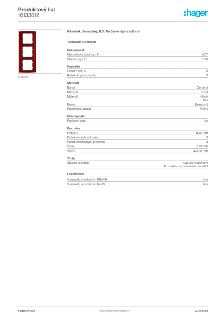 Obrázek Hager Produktový list 10133012 | Hager