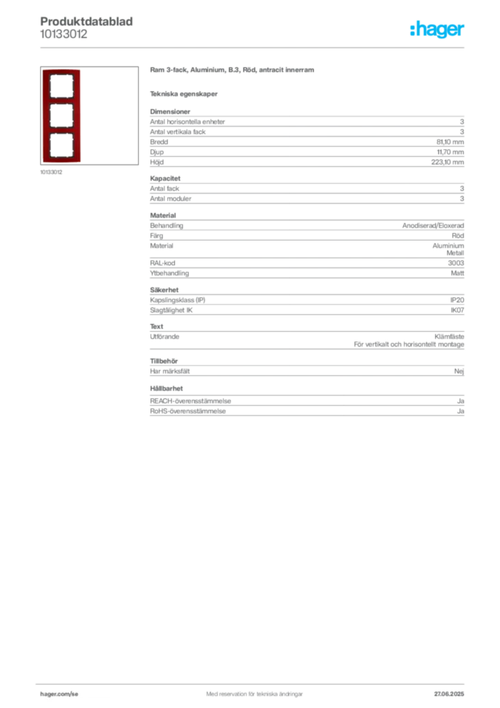 Bild Hager Produktdatablad 10133012 | Hager Sverige