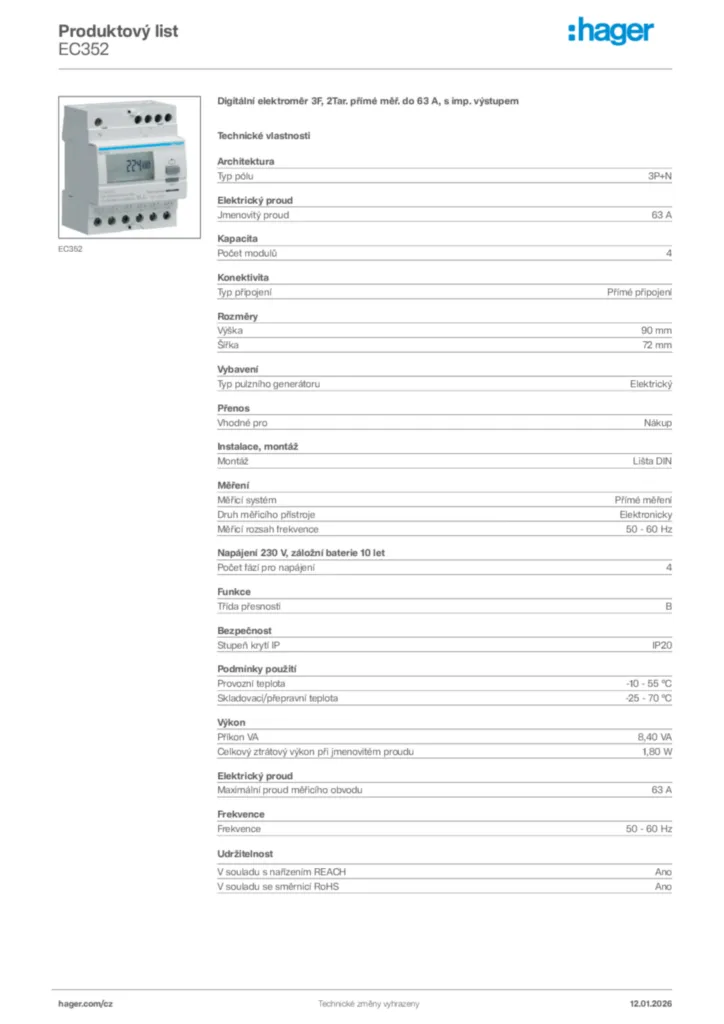 Obrázek Hager Product data sheet EC352 | Hager