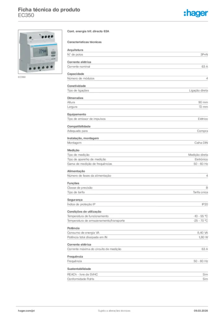 Imagem Hager Ficha técnica do produto EC350 | Hager Portugal