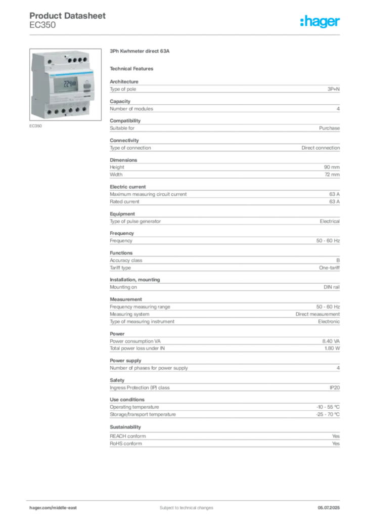 Image Hager Product data sheet EC350  | Hager
