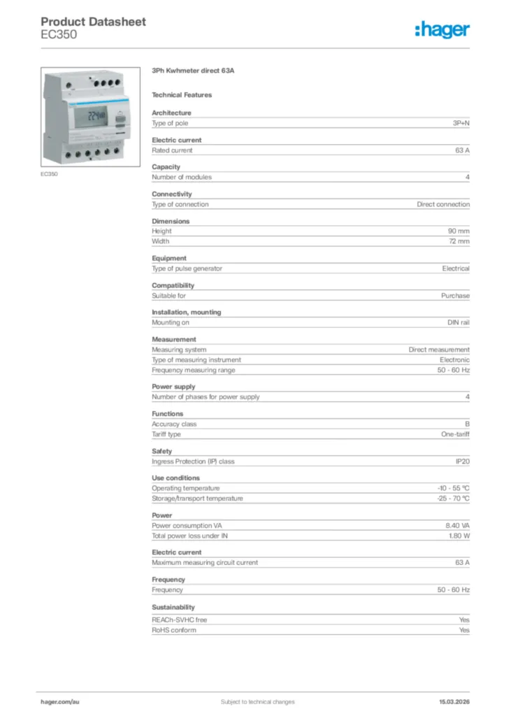 Image Hager Product data sheet EC350  | Hager Australia