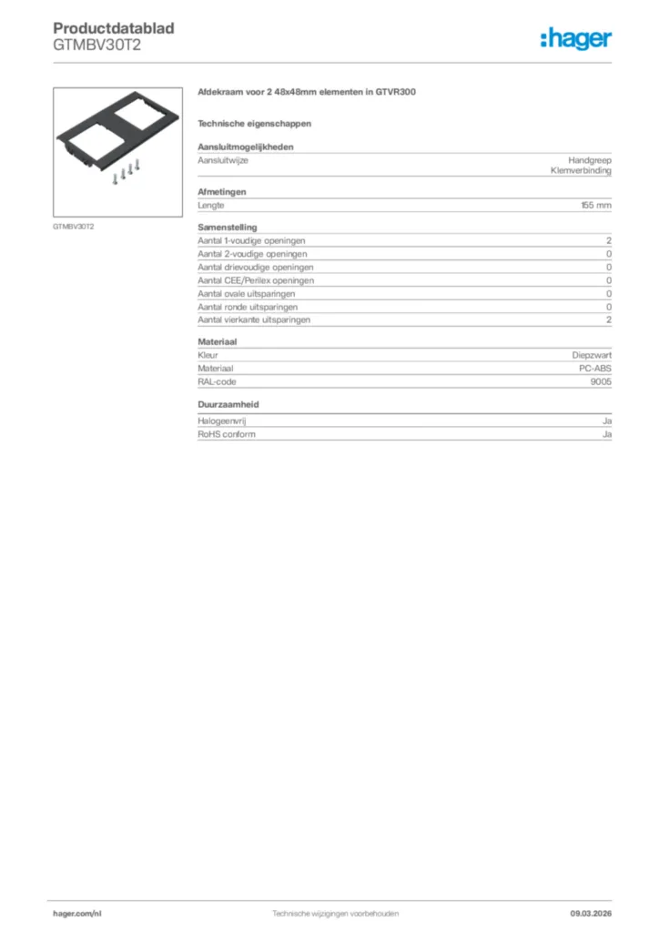 Afbeelding Hager Productdatablad GTMBV30T2 | Hager Nederland