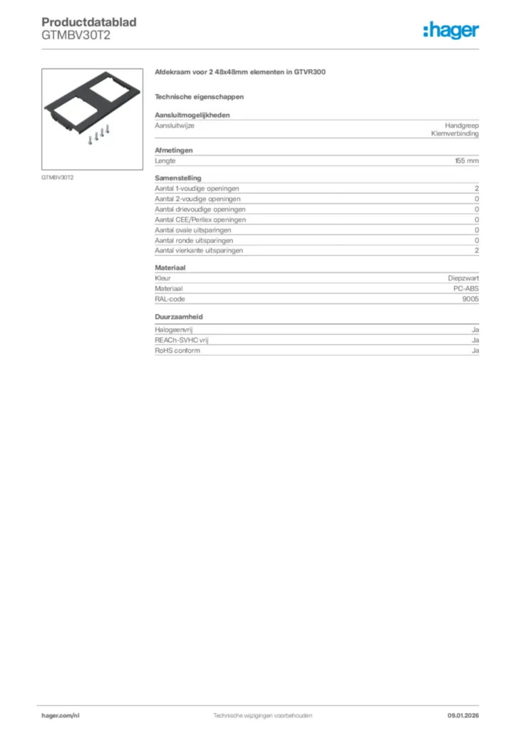 Afbeelding Hager Productdatablad GTMBV30T2 | Hager Nederland