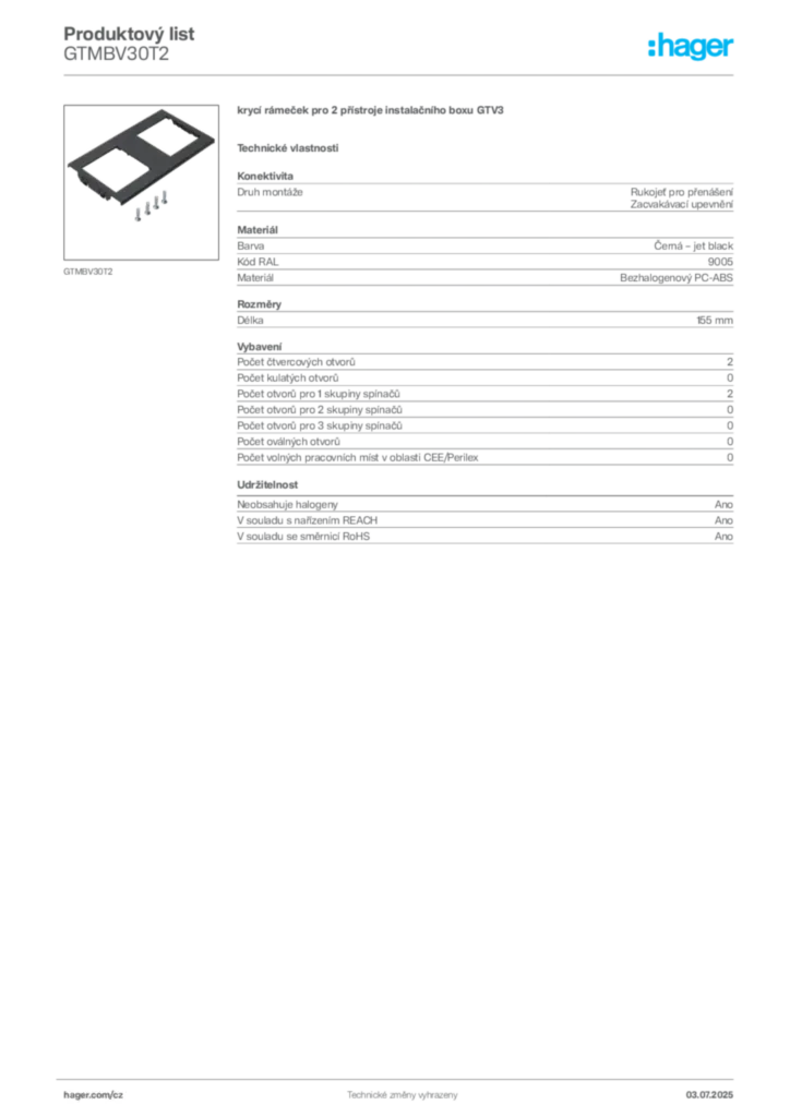 Obrázek Hager Produktový list GTMBV30T2 | Hager