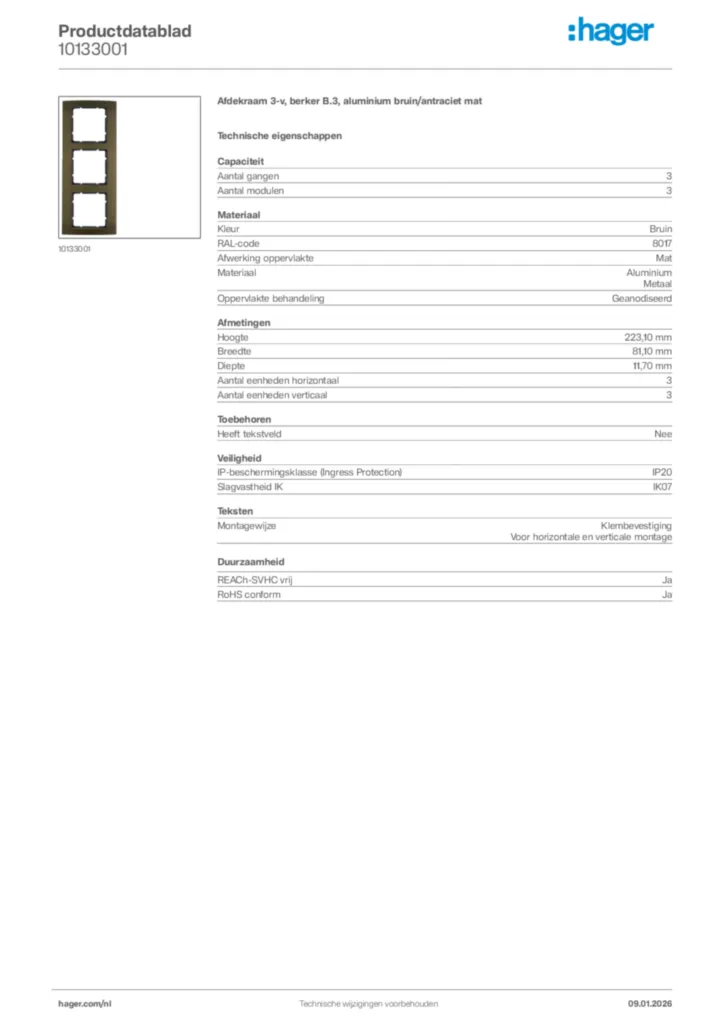 Afbeelding Hager Productdatablad 10133001 | Hager Nederland