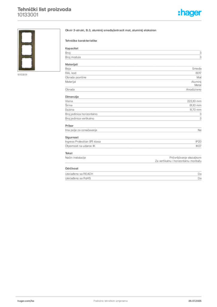 Slika Hager Product data sheet 10133001  | Hager