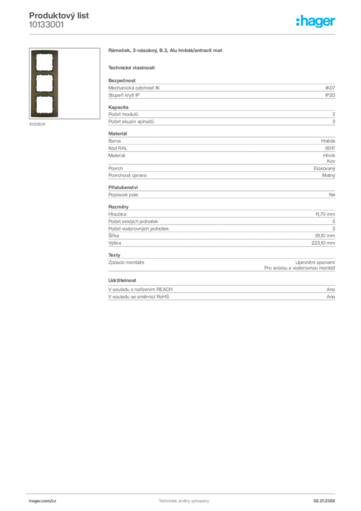 Obrázek Hager Produktový list 10133001 | Hager