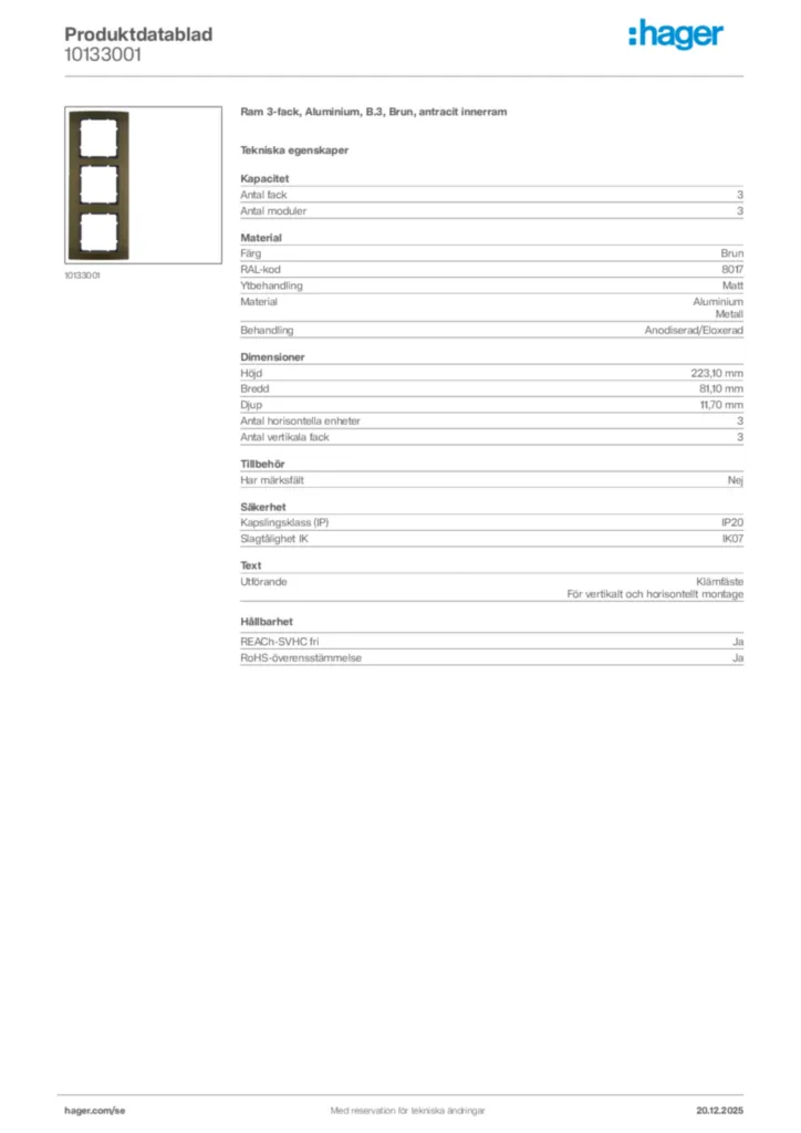 Bild Hager Produktdatablad 10133001 | Hager Sverige