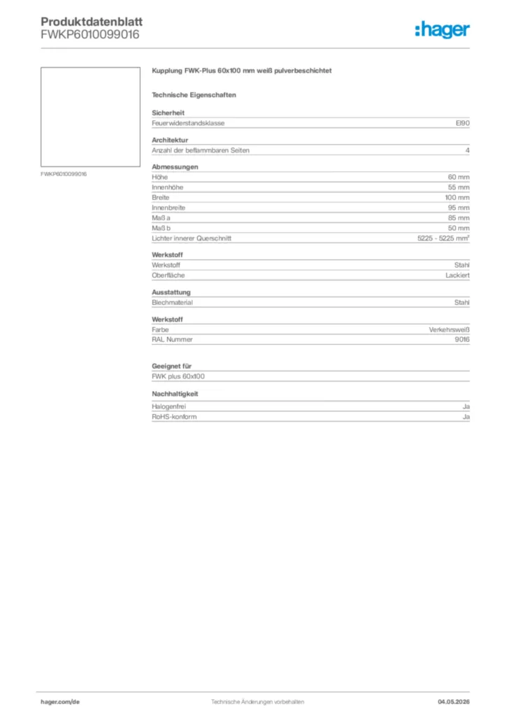 Bild Hager Produktdatenblatt FWKP6010099016 | Hager Deutschland
