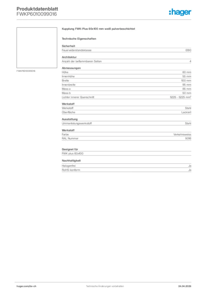 Bild Hager Produktdatenblatt FWKP6010099016 | Hager Schweiz