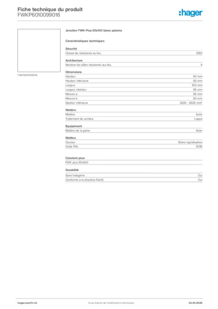 Image Hager Fiche technique du produit FWKP6010099016 | Hager Suisse