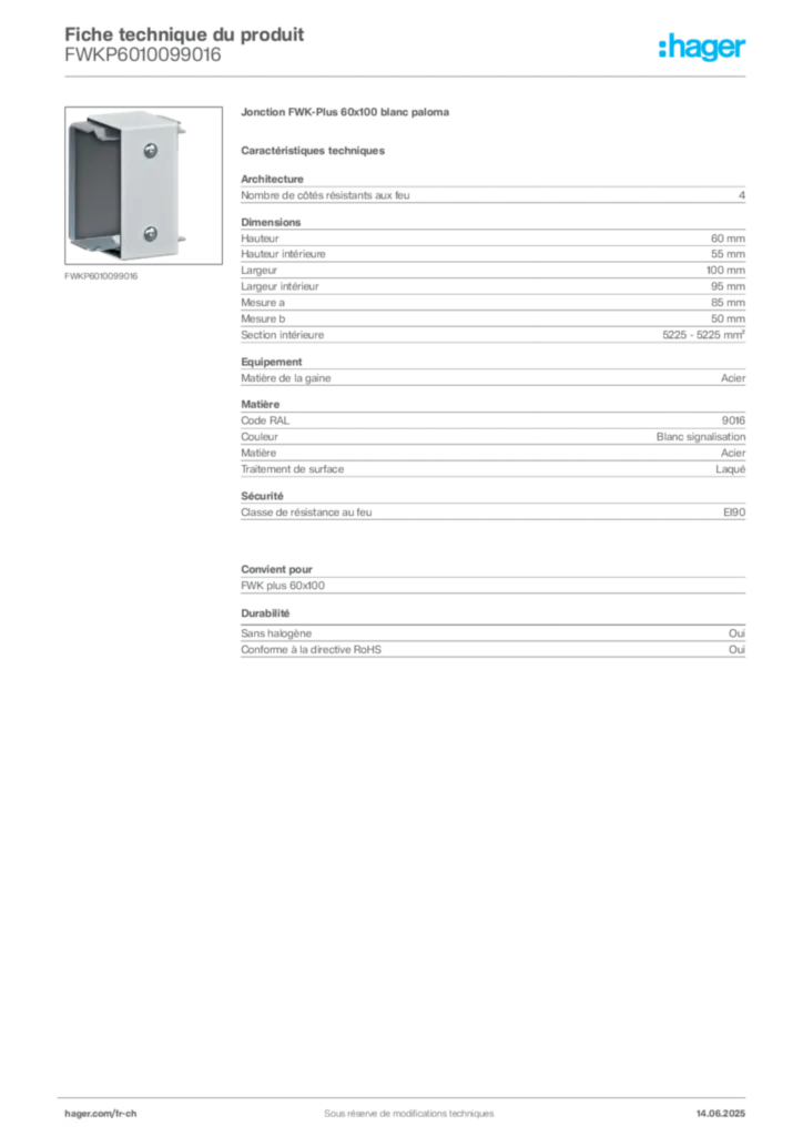 Image Hager Fiche technique du produit FWKP6010099016 | Hager Suisse