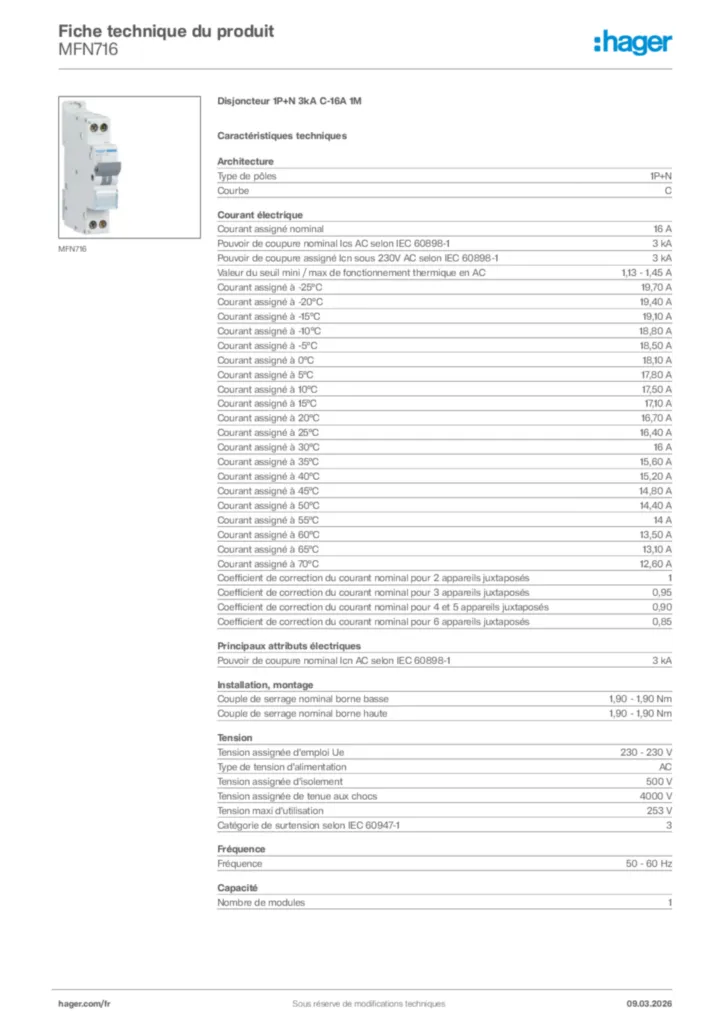 Image Hager Fiche technique du produit MFN716 | Hager France