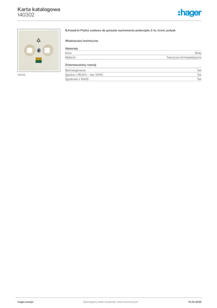 Zdjęcie Hager Karta katalogowa 140302 | Hager Polska