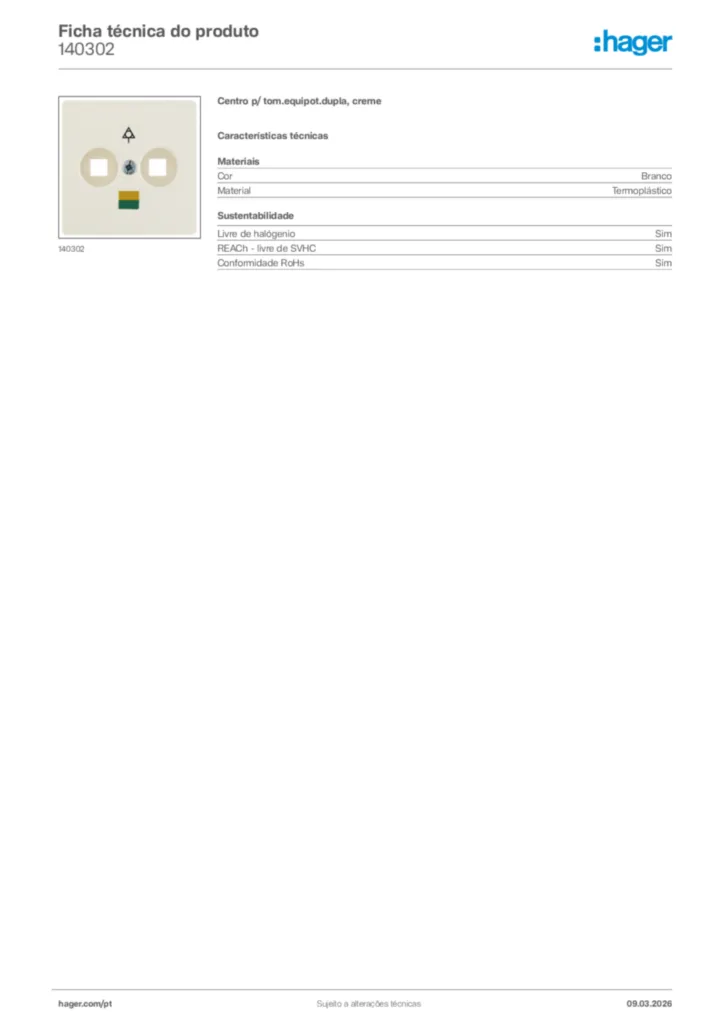 Imagem Hager Ficha técnica do produto 140302 | Hager Portugal