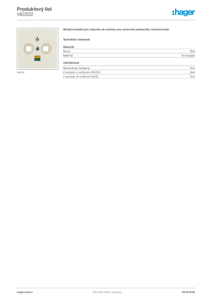 Obrázek Hager Product data sheet 140302 | Hager