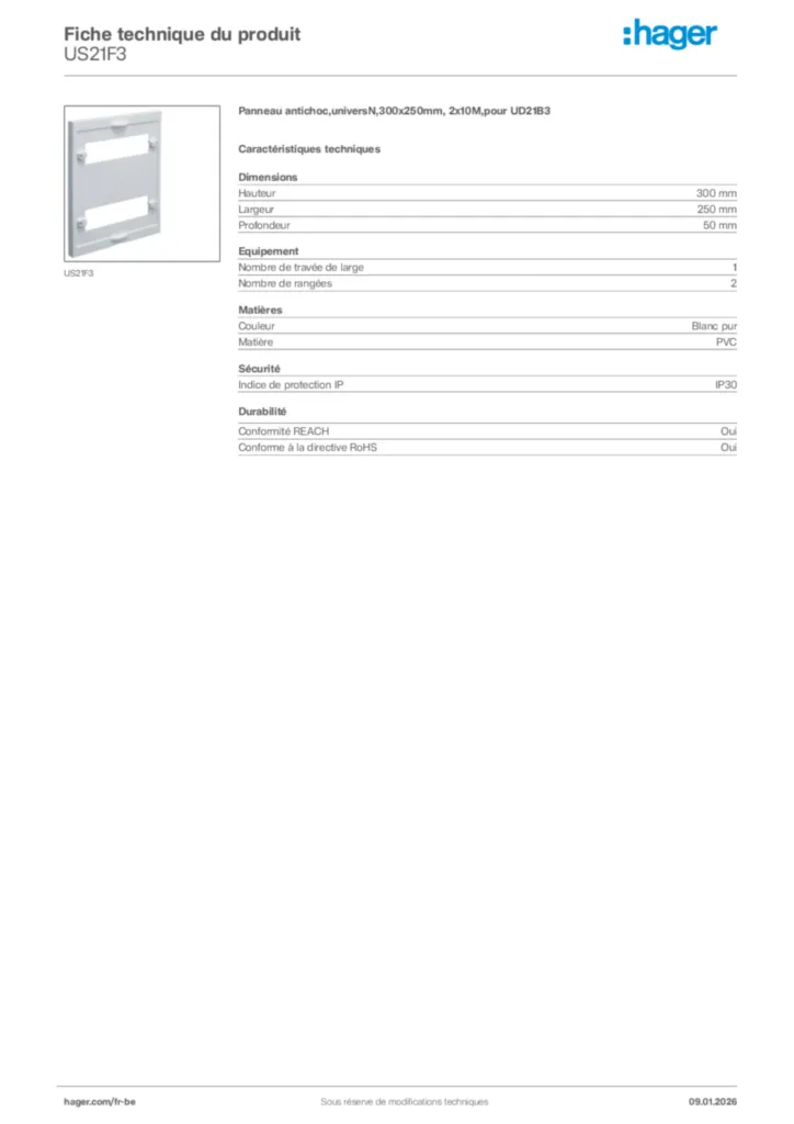 Image Hager Fiche technique du produit US21F3 | Hager Belgique