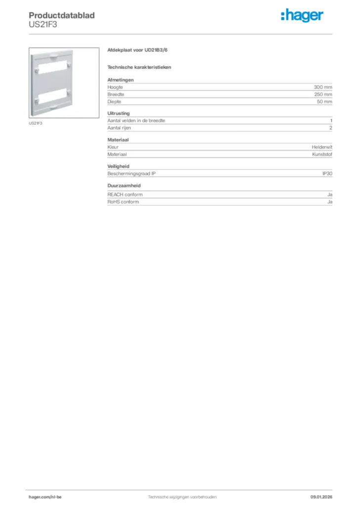 Afbeelding Hager Productdatablad US21F3 | Hager Belgium