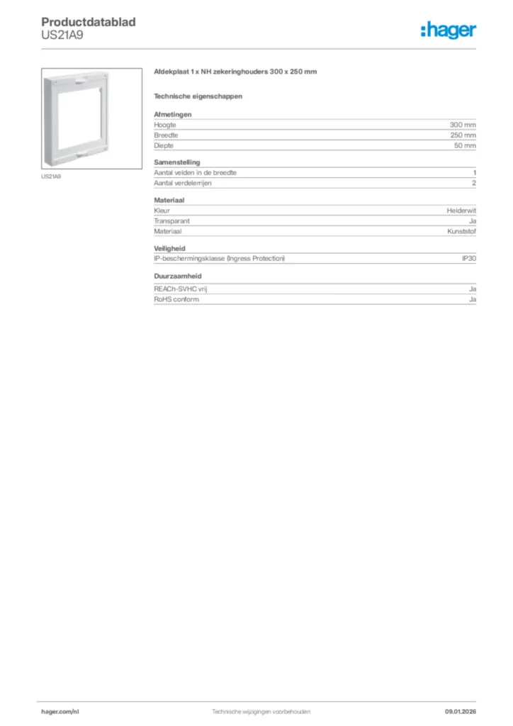 Afbeelding Hager Productdatablad US21A9 | Hager Nederland